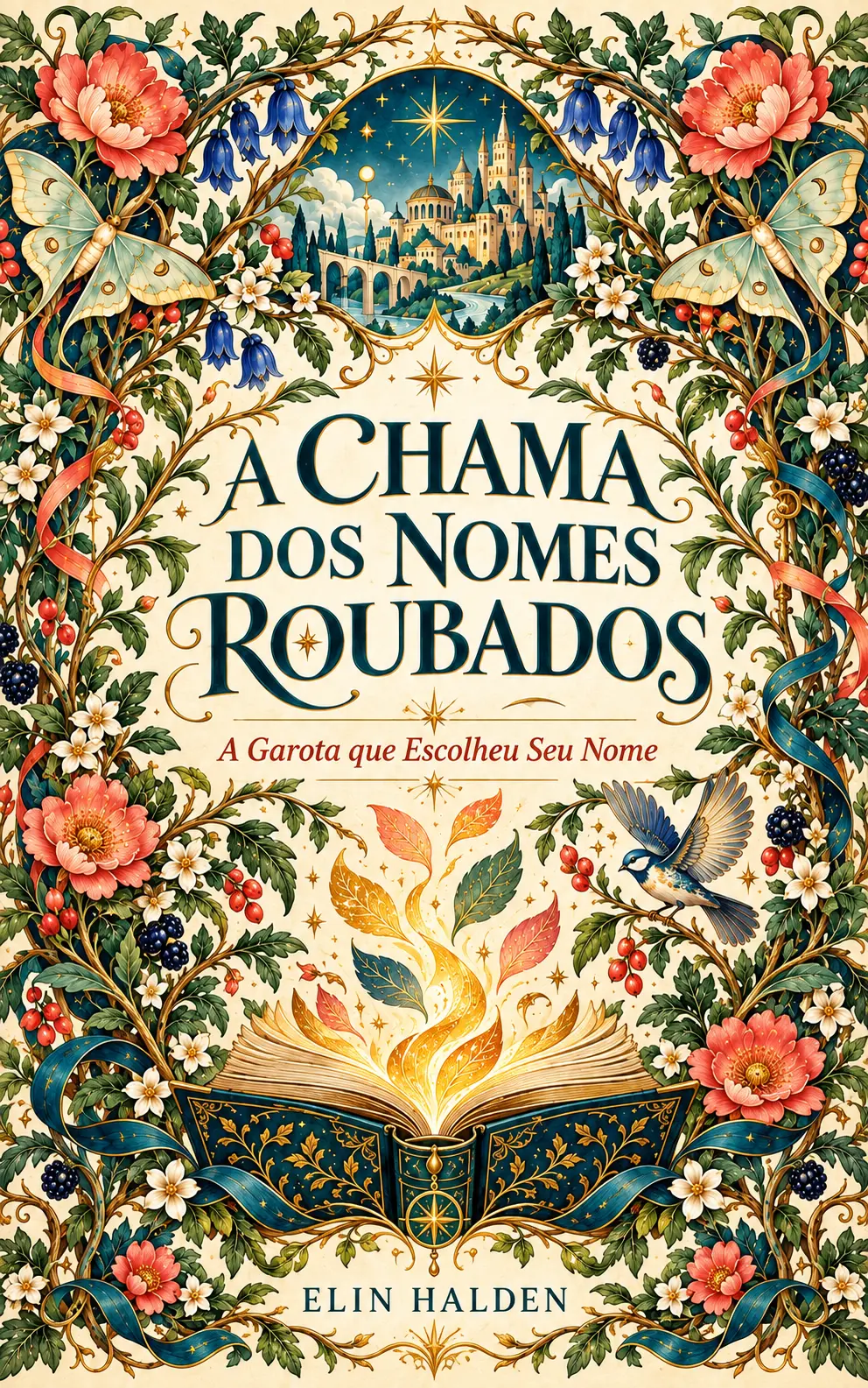 Capa do livro A CHAMA DOS NOMES ROUBADOS, de Elin Halden